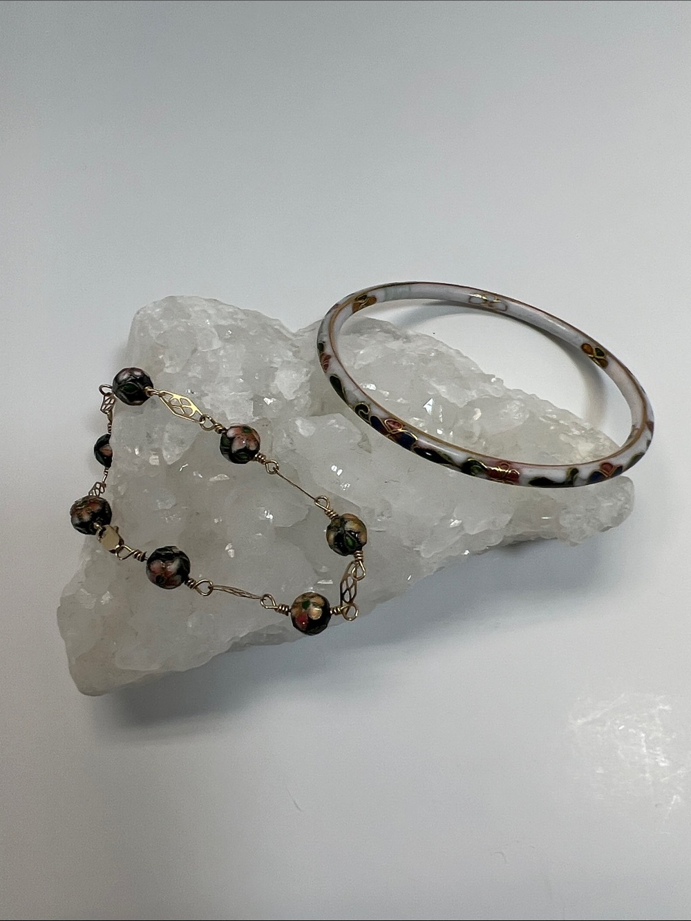 Gold-Tone Cloisonné Bead Bracelet and Bangle Set - Floral Black and Pink